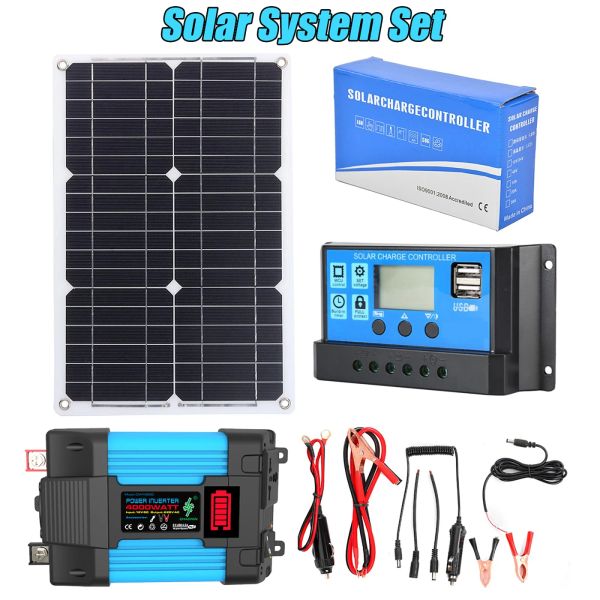 Sistema de geração de energia solar 4000w, kit inversor de 12v para 220v, controlador de bateria 30a, carregador usb, controle completo, acampamento doméstico