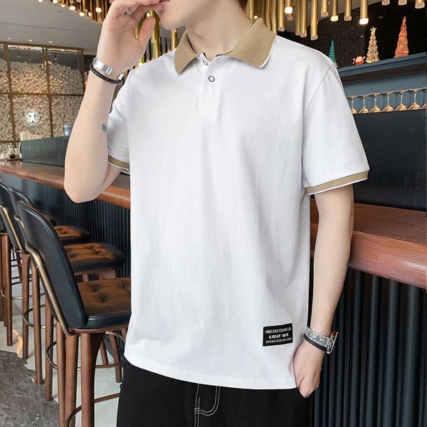 Camiseta de manga curta de verão 100% algodão, camisa polo elegante e casual com gola alta para estudantes, rapazes da moda