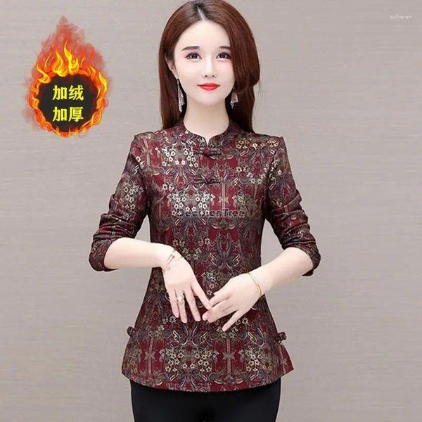 Roupas étnicas 2024 Outono Inverno Cheongsam Stand Collar Top Mulheres Veludo Grosso Manga Longa Retro Estilo Base Elegante Qipao Blusa