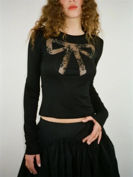 T-shirt da donna Donna Y2K Abbigliamento Maglia con fiocco Patchwork Crop Top O Collo Manica lunga Gotico Fairycore T-shirt moda coreana Streetwear