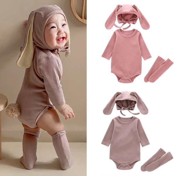 Jaquetas 3 Pcs Recém-nascidos Bebê Meninas Bodysuit Roupas Conjunto Sólido Romper + Chapéu de Coelho + Longo Joelho Meia Terno Bebê Meninos Roupas Casuais