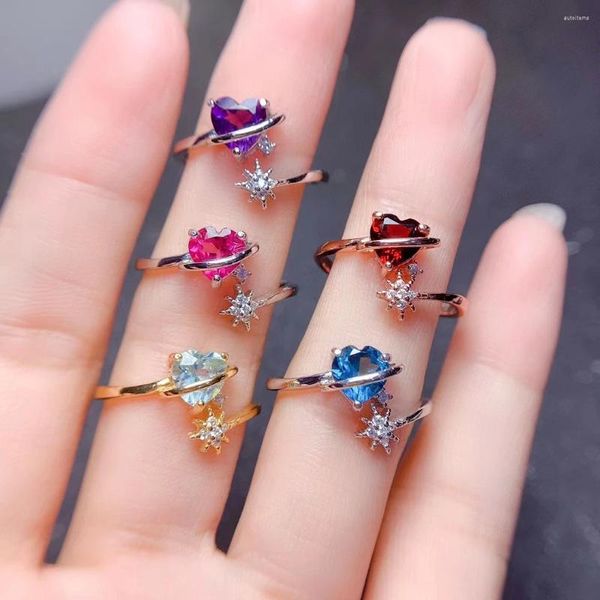 Cluster Ringe MeiBaPJ Topas/Granat/Amethyst Mode Bunte Herz Ring Für Frauen Echt 925 Sterling Silber Feine Hochzeit schmuck