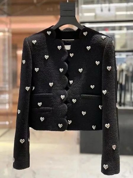 Frühling Herbst Tweed Jacke Mantel Mode Frauen Perlen Liebe Pfirsich Wollmischungen Damen Kurze Strickjacke Top 240226