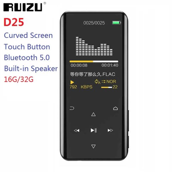Плееры RUIZU D25 Bluetooth 5.0 MP3-плеер 16G/32G 2,4-дюймовый изогнутый экран Портативный музыкальный MP3-плеер с FM-радио Запись видео в электронных книгах