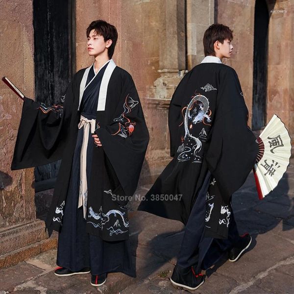 Roupas étnicas Japonês Kimono Samurai Homem Conjunto Dragão Impressão Harajuku Antigo Vintage Bordado Tradicional Yukata Cardigan Traje