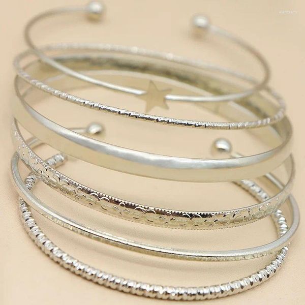 Pulseira 6 pçs/set estrela pulseiras para mulheres simples multicamadas geométrica abertura manguito pulseira punk jóias conjunto acessórios
