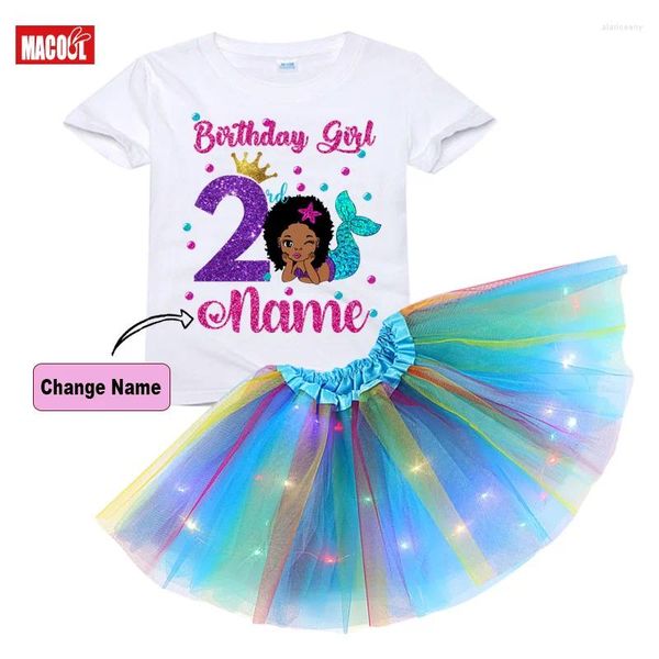 Conjuntos de roupas sereia preto princesa aniversário menina conjunto nome personalizado camisa tutu vestido crianças festa luz roupas terno presente 3 4 5 ano