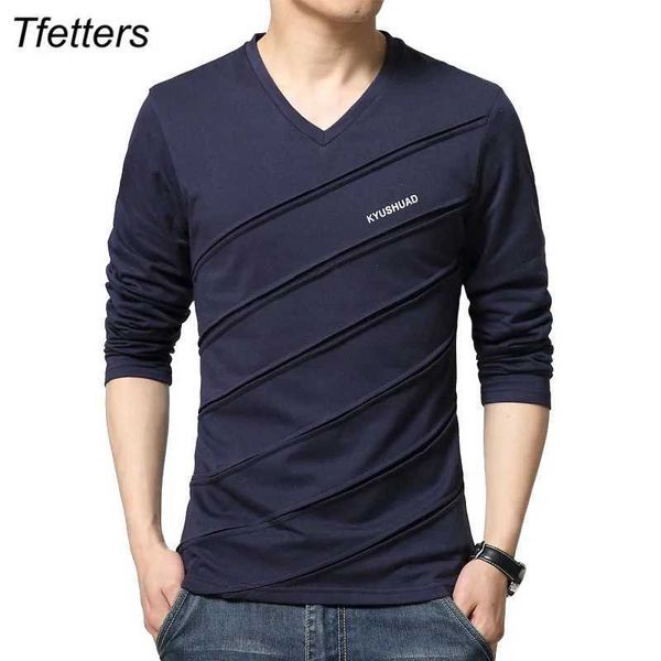 T-shirt da uomo T-shirt di marca TFETTERS T-shirt da uomo in twill design con scollo a V a maniche lunghe T-shirt top in cotone ultrasottile taglie forti J240228