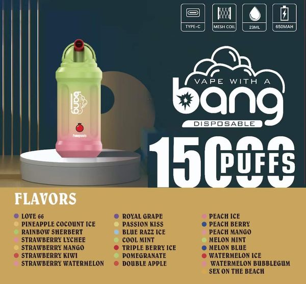 Original Bang King 15000 Puffs Bars Descartáveis ​​Vape Pen E Cigarros 23ml Pré-cheio Pods Cartucho 650mAh Bateria Recarregável Puffs 15K