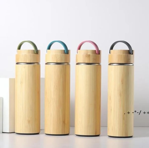 Garrafas de água isoladas a vácuo de bambu, garrafa térmica de aço inoxidável de 450ml com filtro de chá para escritório, transporte marítimo