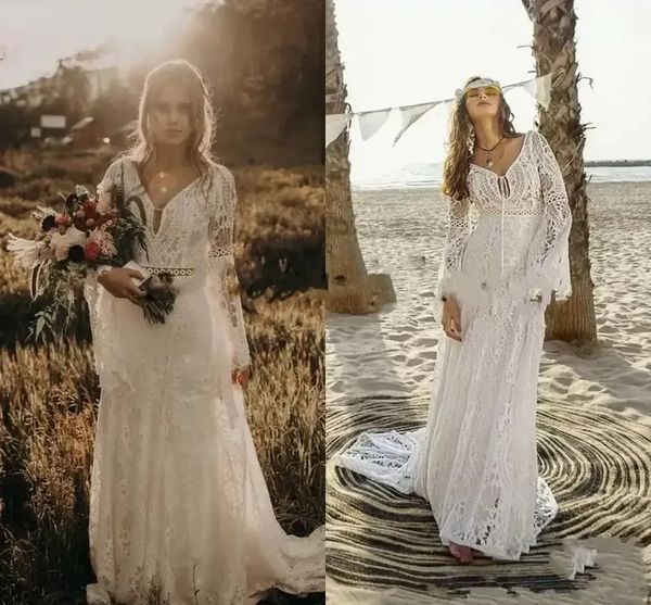 Vestidos de casamento de renda de crochê vintage com manga longa com decote em v sereia hippie país ocidental cowgirl boêmio vestidos de noiva gdf
