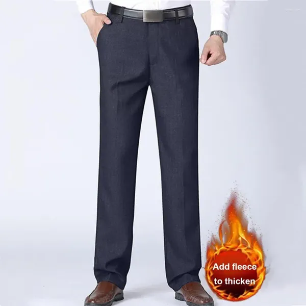 Erkek takım elbise erkekler pantolon düz kalın peluş gevşek orta bel fermuar düğmesi kapanma resmi iş tarzı sıcak baba uzun ofis pantolon