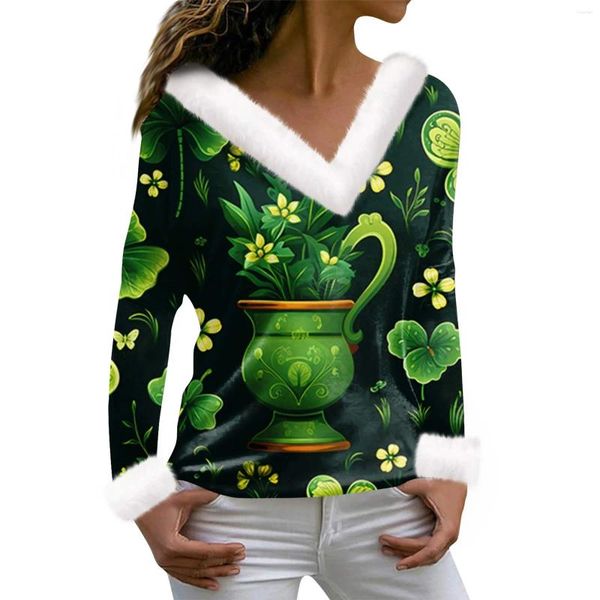 Женские футболки с длинными рукавами, ирландский день Святого Патрика, зеленый плюшевый топ с v-образным вырезом и принтом, молодежная женская одежда, женская одежда 2024