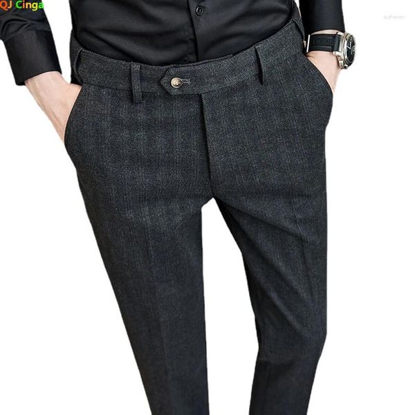 Ternos masculinos outono e inverno listrado vertical calças terno negócios casual tweed calças grossas pantalones hombre 29-36