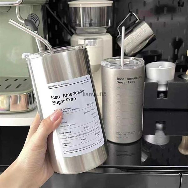 Tazze Tazza da caffè Thermos Acciaio inossidabile 304 Doppio strato di raffreddamento Tazza di paglia Portatile riutilizzabile Ins Ice Tazza da caffè americano Bottiglia d'acquaL2402