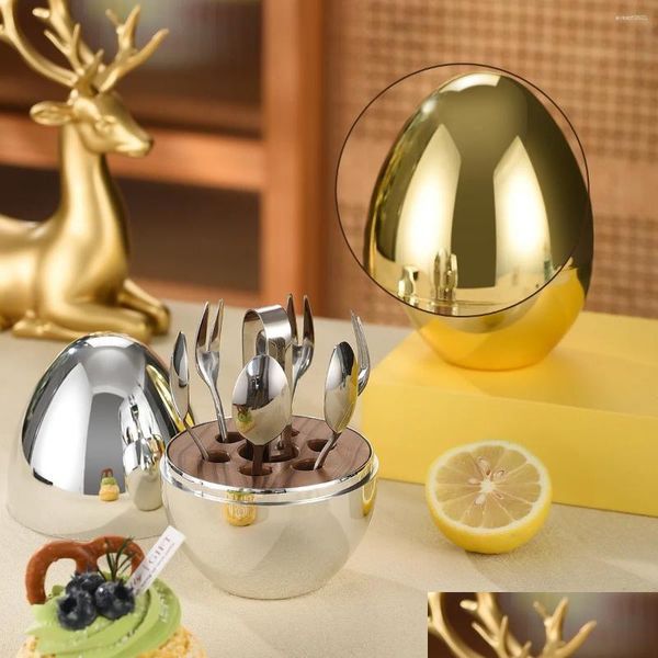 Geschirrsets Mini Eierbesteck Set Gold Silber Edelstahl Kaffeelöffel Dessert Kuchen Gabel Clip 7er Pack insgesamt Drop Lieferung Hom Dhjhl