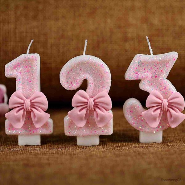 Velas rosa glitter laço vela bolo princesa menina feliz aniversário do bebê cupcake topper casamento sobremesa cozimento suprimentos presente do miúdo