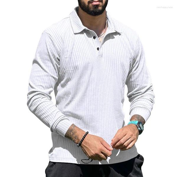 Polos masculinos lazer cor sólida com nervuras camisas polo masculinas manga comprida abotoada gola virada para baixo casual tops outono moda pulôver roupas masculinas