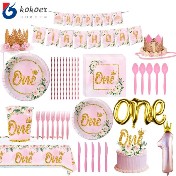 Sets Girls One First Happy Birthday Haval Birthday Tabelle Tischgeschirr Pink Platte Servietten Cup Hut für Babyparty 1 Jahre alte Geburtstagsfeier -Deco