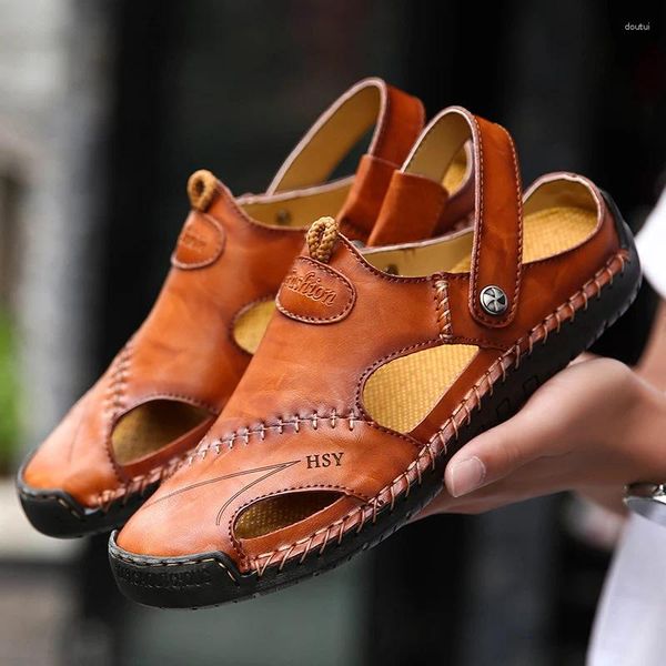 Sandalen Männer Echtes Split Leder Strand Marke Casual Schuhe Flip-Flops Hausschuhe Turnschuhe Sommer Weiche Pferd Kopf