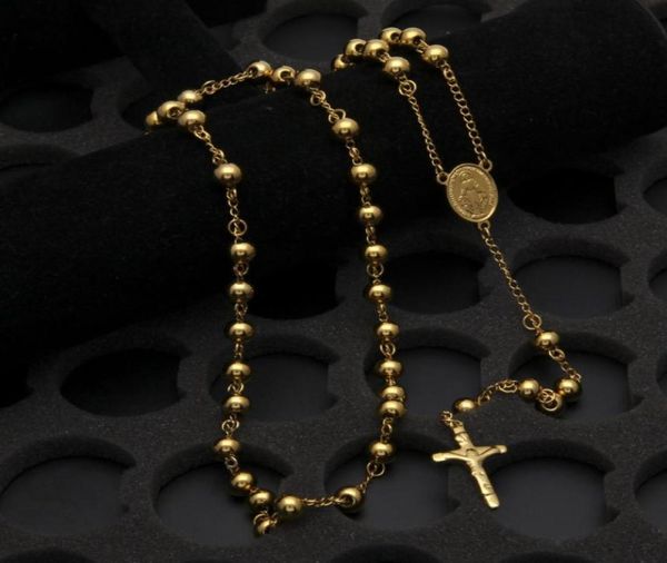 NUOVA dea cattolica Virgen de Guadalupe 8mm perline placcato oro 18 carati collana del rosario gioielli Gesù crocifisso croce pendente45675736493979