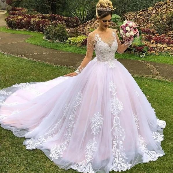 Prenses Bahçe Gelinlik 2024 Dantel Aplike İnciler şeffaf boynu uzun kollu korse geri robe de mariage gelinlikler vestidos de novia