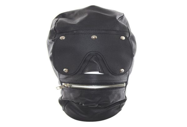 Erstklassige PU-Leder-Vollgesichtsmaske mit Reißverschluss, Maulkorb, offener Sklaven-Reißverschluss-Mund, vollständig geschlossene Kopfbedeckungshaube für Rollenspiele, sexy A5127488