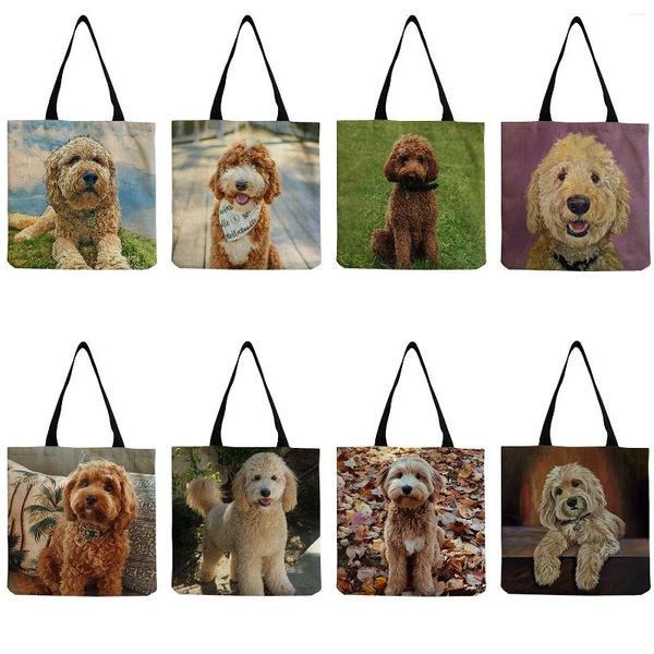 Sacos de noite Dobrável Moda Saco de Compras Bonito Cão Impresso Mulheres Bolsas Personalizadas Padrão Animal Design Pintura A Óleo Golden Poodle Tote