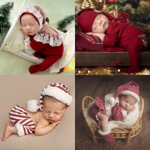 Dvotinst yenidoğan bebek fotoğrafçılığı sahne Noel Kırmızı Noel Baba Kümesi şapka romper 2pcs dantel kıyafetler set stüdyo çekim fotoğrafı destek