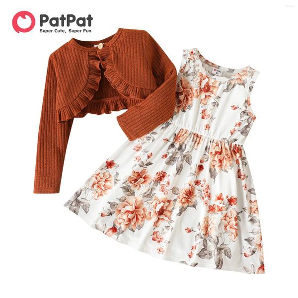 Abiti da ragazza PatPat 2 pezzi Abito senza maniche con stampa floreale per bambini e set di cardigan marrone con volant