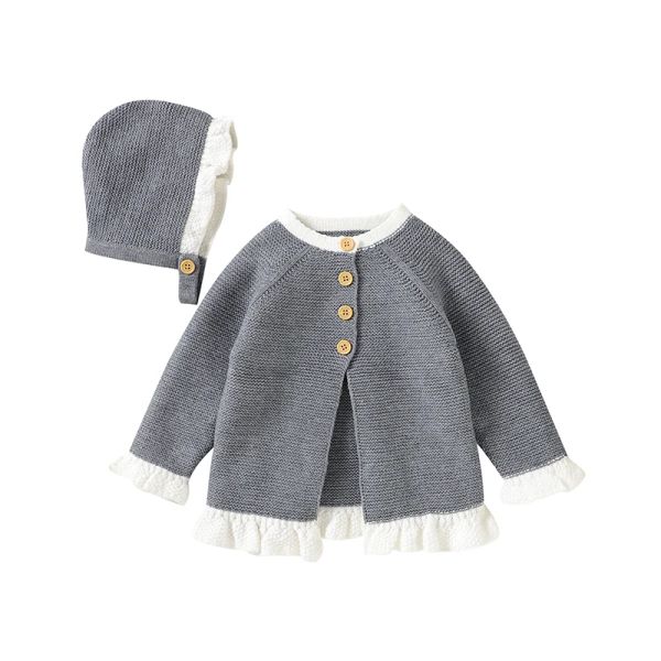 Set maglione per bambino lavorato a maglia neonato ragazza ragazzi top manica lunga autunno neonato abbigliamento bambino cappello set moda cardigan con volant capispalla