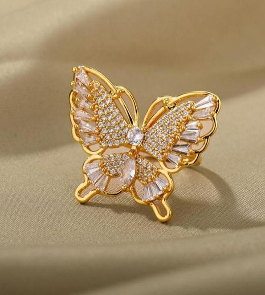 Anéis de casamento Big Zircon Butterfly para mulheres amigos ouro prata cor luxo anel de dedo aberto punk aniversário jóias presente anillos 2116163