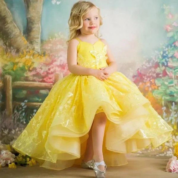 Mädchenkleider, gelbe Spitze, Blume, für Hochzeit, Party, Träger, Festzugskleider, ärmellos, Tüll, appliziert, bodenlang, für Kinder