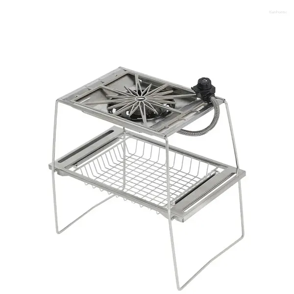 Móveis de acampamento Mesa de fogão de acampamento de aço inoxidável portátil dobrável rack de cozinha ao ar livre piquenique adaptado GS450