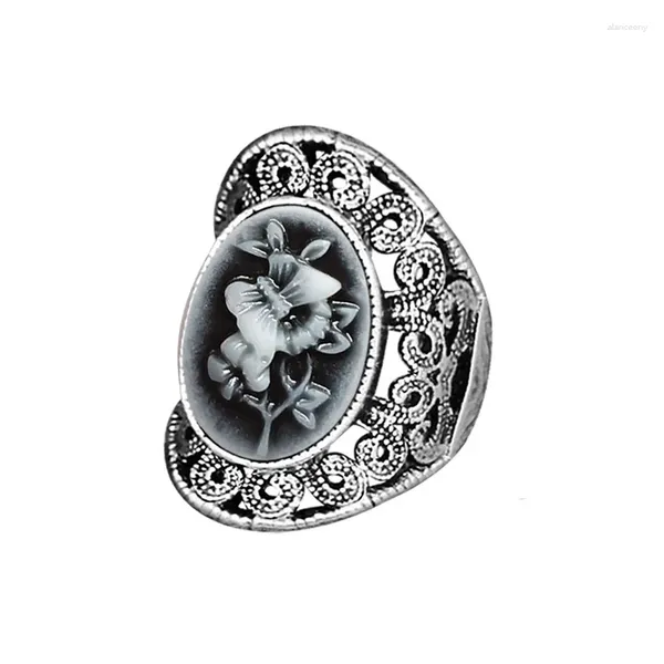 Cluster-Ringe Vintage Grau Schmetterling Pflanze Cameo Für Frauen Antik Silber Überzogene Mode Blume Tier Ring