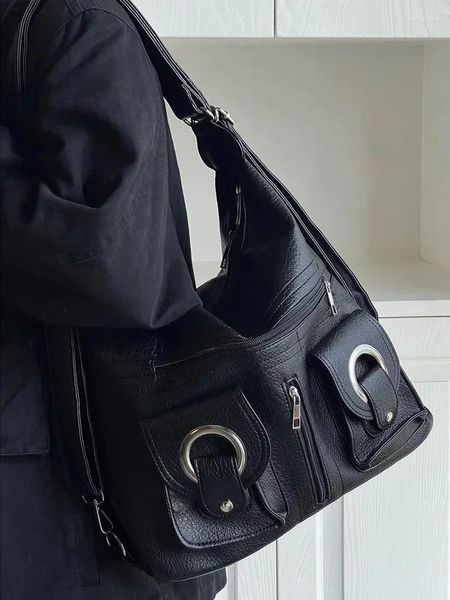 Akşam çantaları y2k kadınlar vintage Kore siyah hobo el çantası estetik grunge pu çanta omuz crossbody backpacks messenger tote