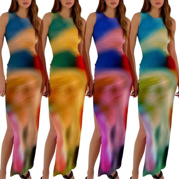 Vestidos casuais mulheres tie dye impressão vestido longo verão sem mangas malha elástica maxi mulher sexy bodycon coxa split sundress outfits