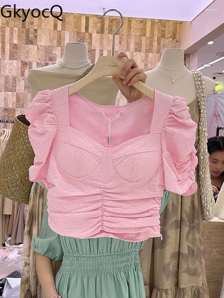 Magliette da donna GkyocQ Coreano Chic Estate Magliette e camicette T-shirt Colletto quadrato Manica a sbuffo Pieghe Design Cerniera laterale Dolce rosa Donna