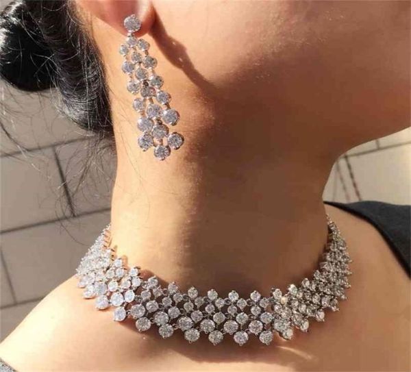 Janekelly Top-Hochzeits-Halsband mit Ohrring aus klarem, weißem Stein mit kubischem Zirkonia und Mikropavé-Fassung für Frauen als Geschenk 2106249743294