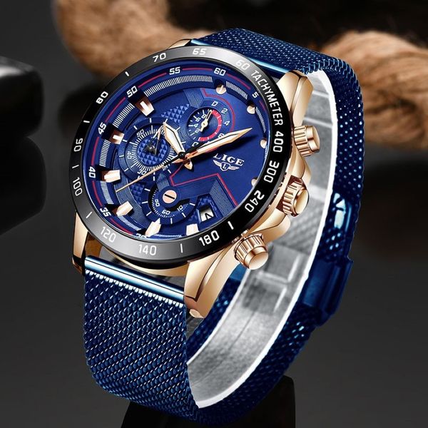 Lige Fashion Mens Watches Top Brand Brand Luxury Orrologio da polso Orologio Blue Orologio Blue Men Waterproof Sport Chronograph Relogio Masculino C331C