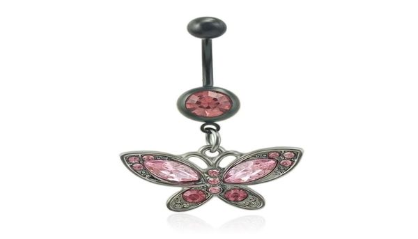 Anelli per ombelico moda Strass rosa Farfalla nera Acciaio inossidabile 316L Gioielli sexy per piercing all'ombelico1139520