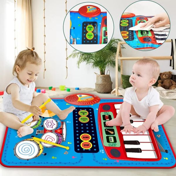 Baby-Musik-Klavier-Trommelmatte 2 in 1 für Kinder, Kleinkinder, Boden-Tastatur-Tanzmatte mit Geräuschen, Babymatte, Lern-Bodendecke 240226