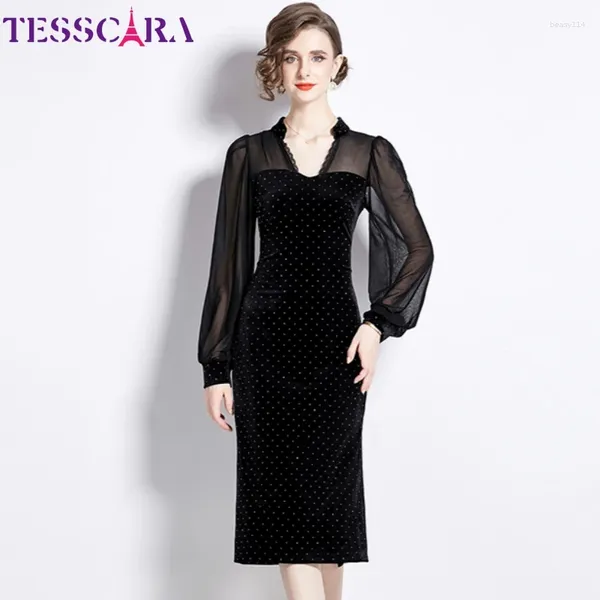 Casual Kleider TESSCARA Frauen Herbst Winter Elegante Samt Kleid Hohe Qualität Lange Cocktail Party Vintage Mesh Designer Schwarz Bleistift