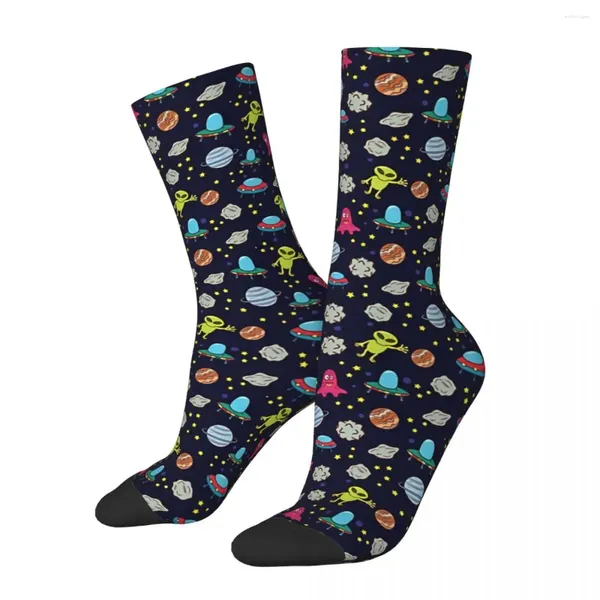 Meias masculinas engraçado espaço ufo planeta estrelas asteróide retro harajuku alienígena estilo de rua novidade tripulação louco meia presente padrão impresso