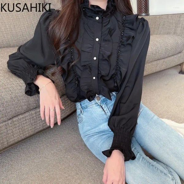 Damenblusen KUSAHIK Chic Diamanten Rüschen Patchwork Bluse Frauen Langarm Mode Elegante Koreanische Hemd Camisas De Mujer 2024 Tops