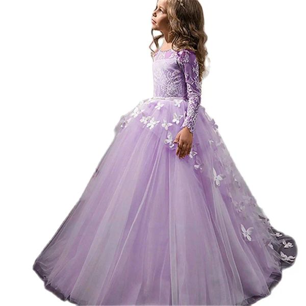 Платья Необычные платья с цветочным узором для маленьких девочек, детские бальные платья с длинными рукавами и бабочкой, розовые сетчатые бальные платья, детские платья для причастия 114 лет