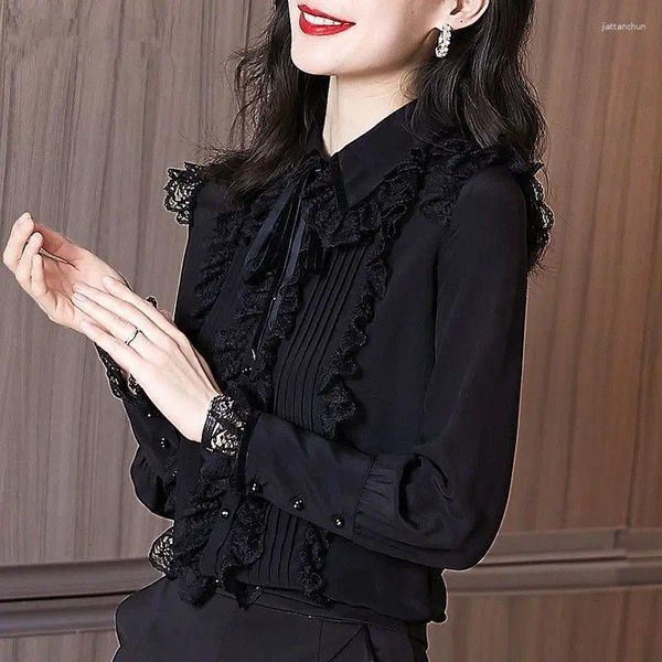 Kadın bluzları bahar uzun kollu dantel şifon taban gömlek üstü kadınlar için 2024 fransız tarzı siyah fırfır yaka yay blusas mujer