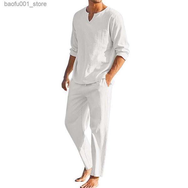 Tute da uomo Estate 2 pezzi / set da uomo in misto cotone e lino set a maniche lunghe con scollo a V T-shirt pantaloni set casual da uomo abbigliamento da spiaggia Q240228