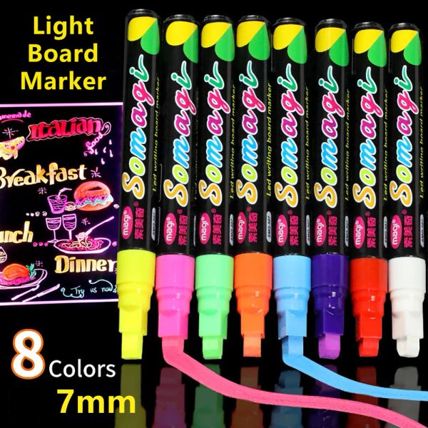 Canetas 8 pçs/set Led Placa de Escrita Marcador Apagável Marcador Fluorescente Líquido Giz Blackboard Pintura Caneta para Janela de Vidro