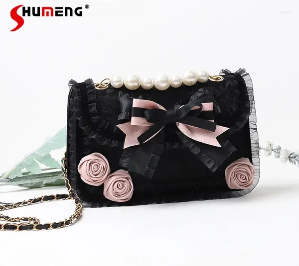 Borse da scuola Lolita JK Nero Rosa Originale Ragazza carina Borsa quadrata piccola perla abbinata Dolce e fresca tracolla a tracolla per le donne